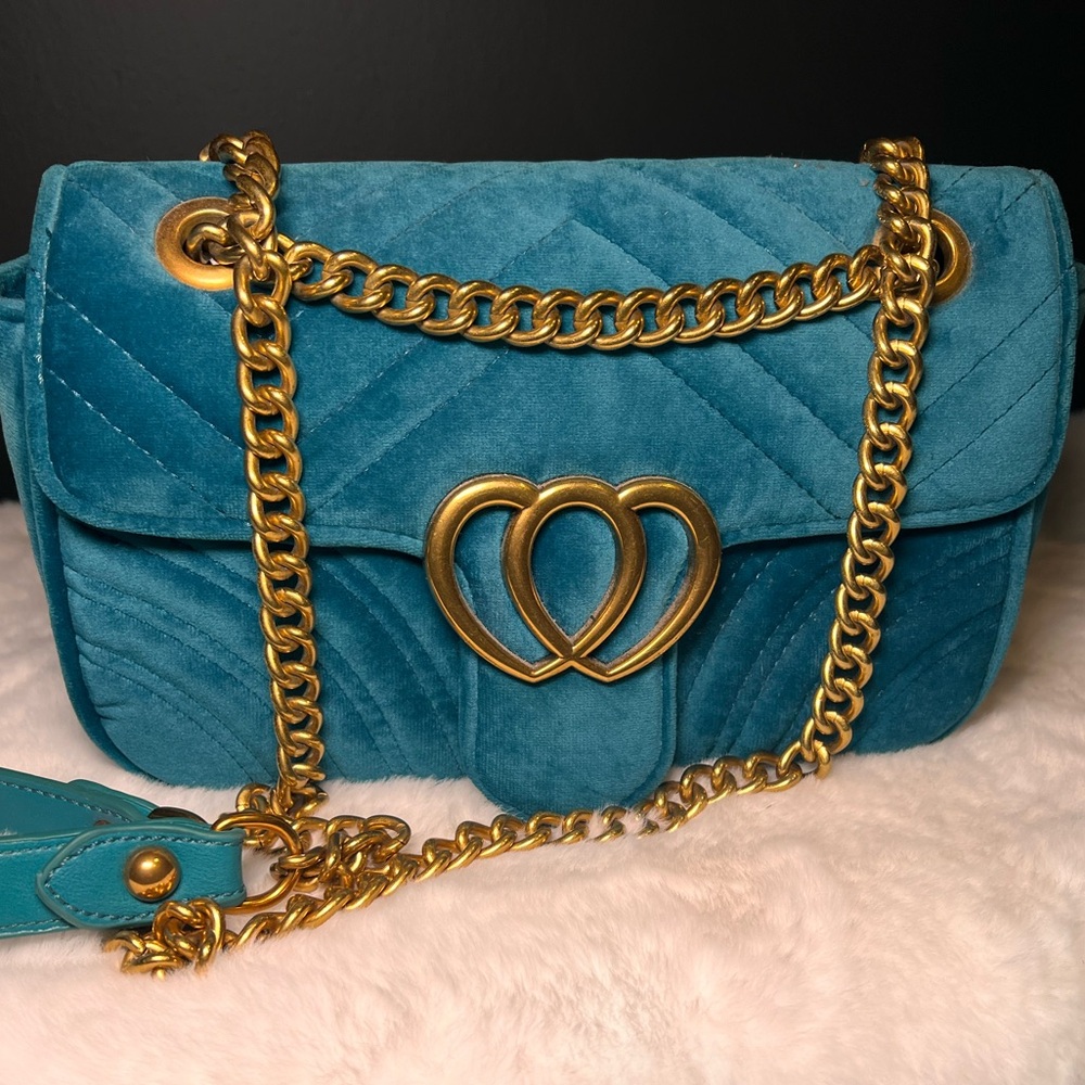 Teal Velour Crossbody bag with gold hardware